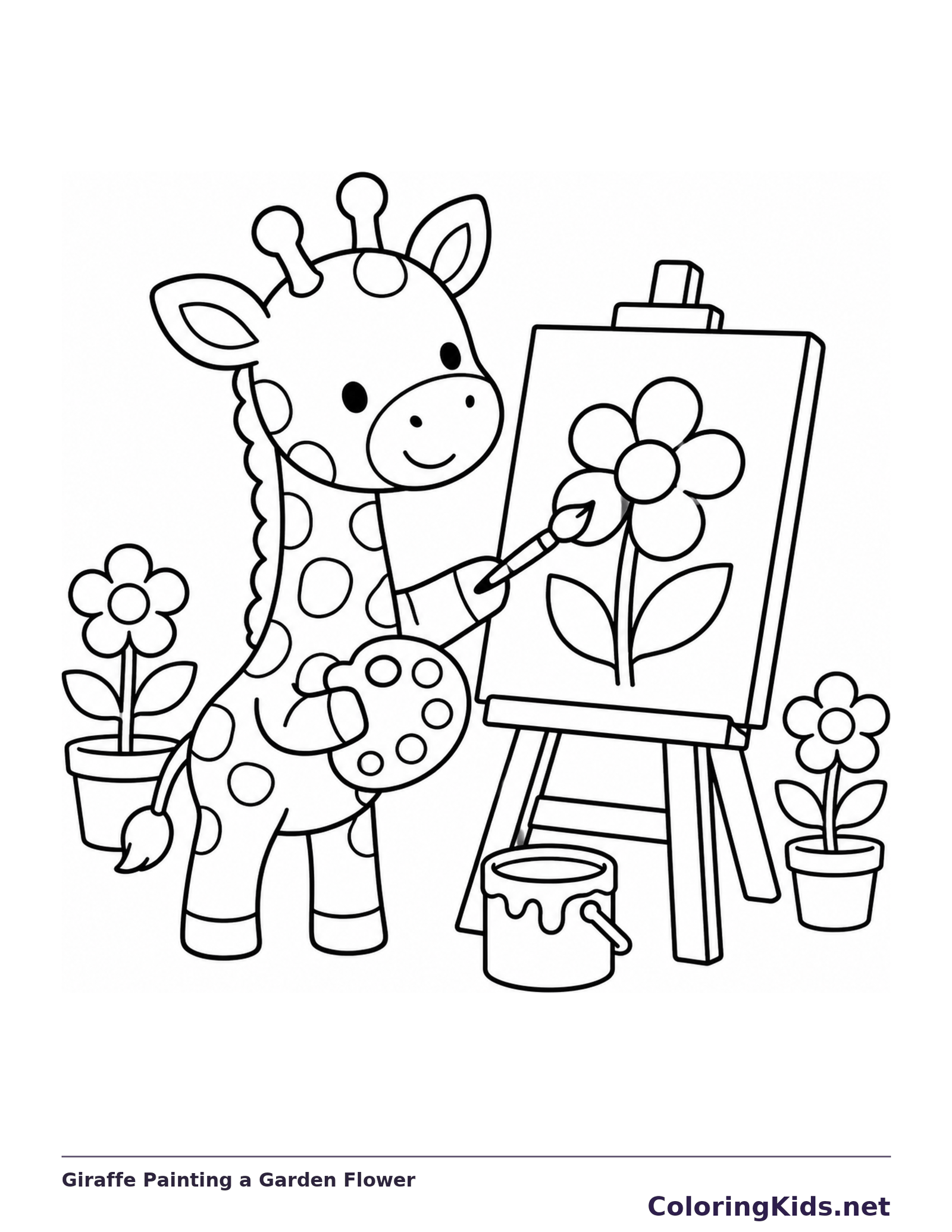 Giraffe painting a flower at an easel with two potted flowers and a paint tin