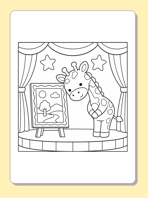 Giraffe showing a framed landscape painting on a small curtained stage