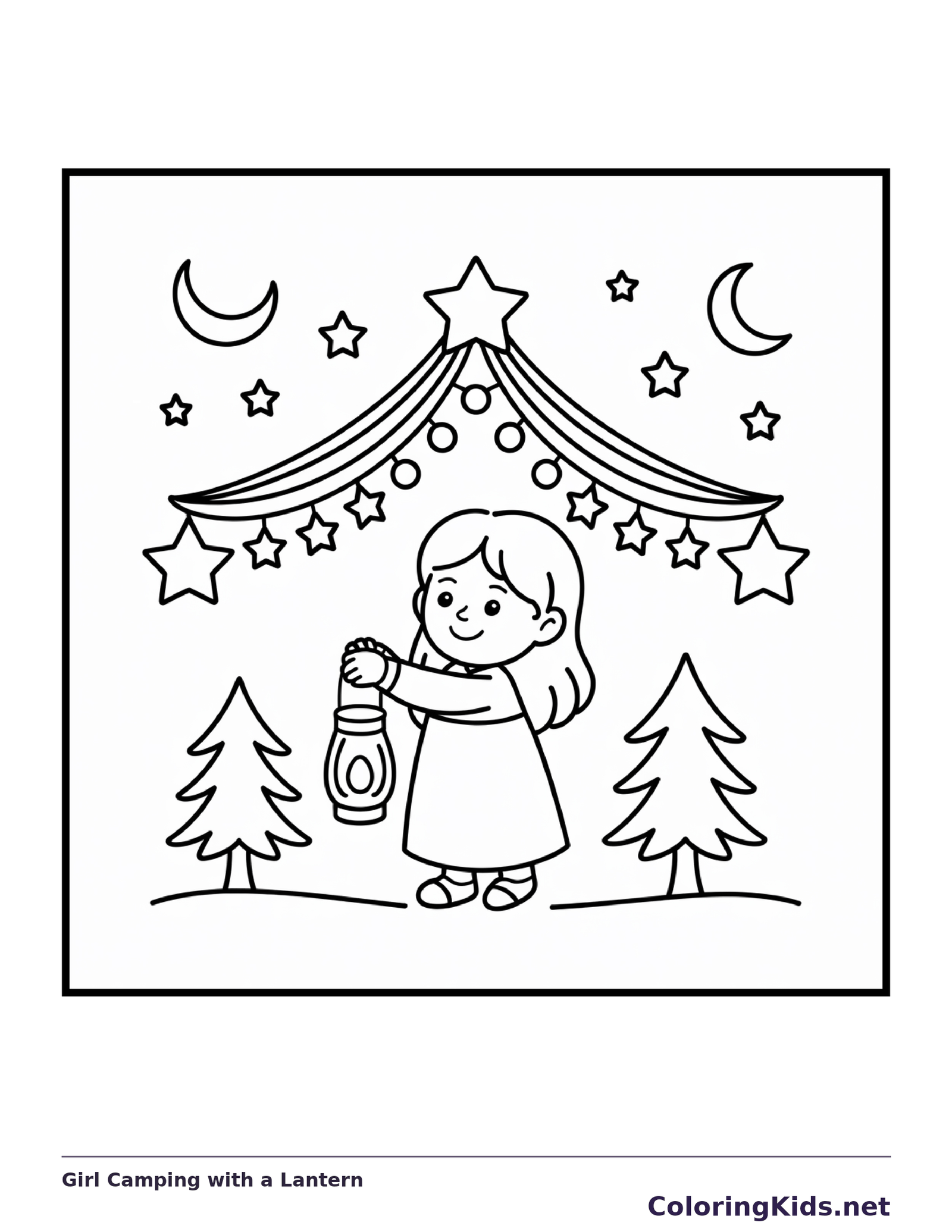 Black and white printable girl camping with a lantern coloring sheet