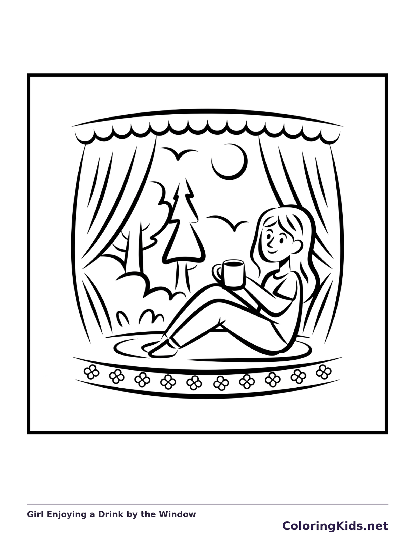 Black and white printable girl enjoying a drink by the window coloring sheet