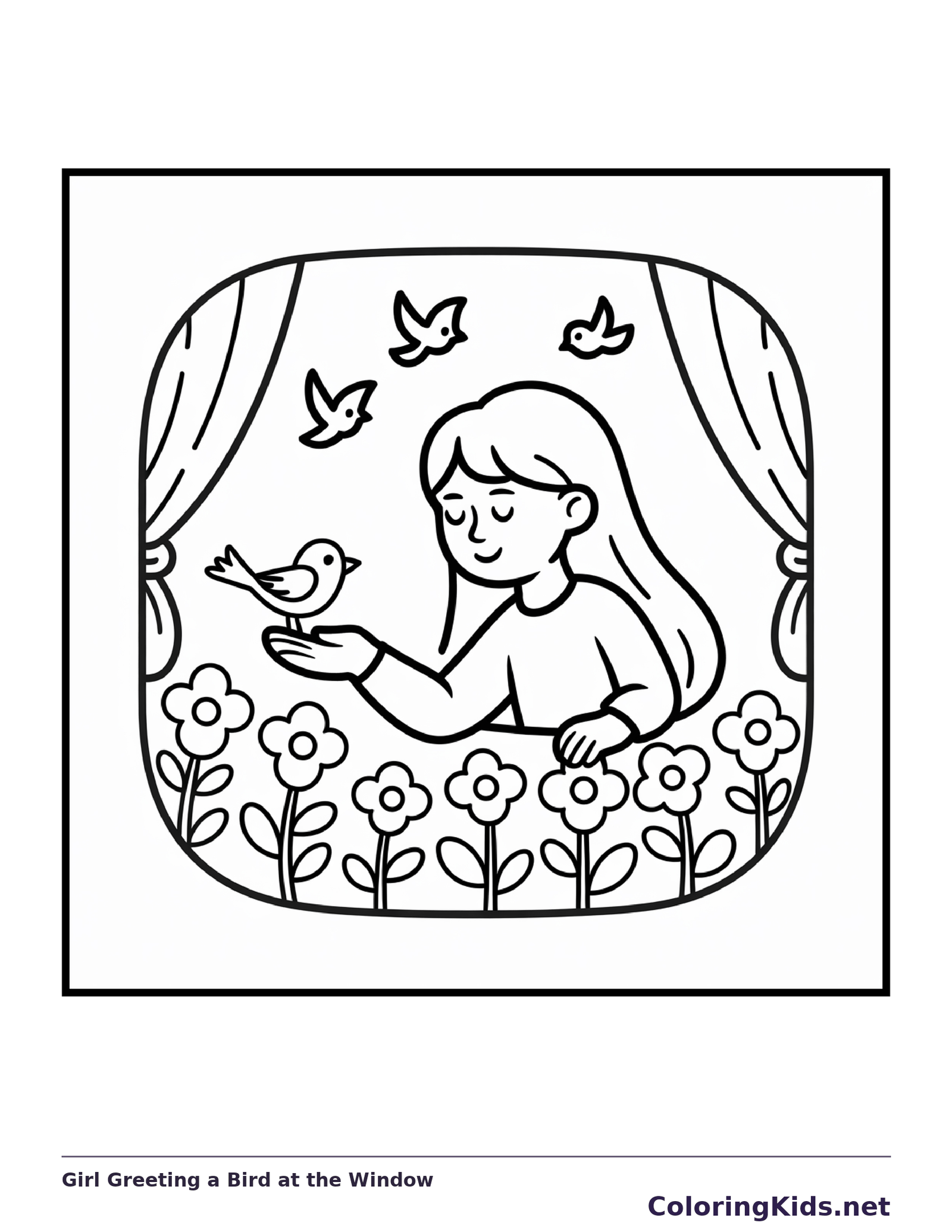 Black and white printable girl greeting a bird at the window coloring sheet