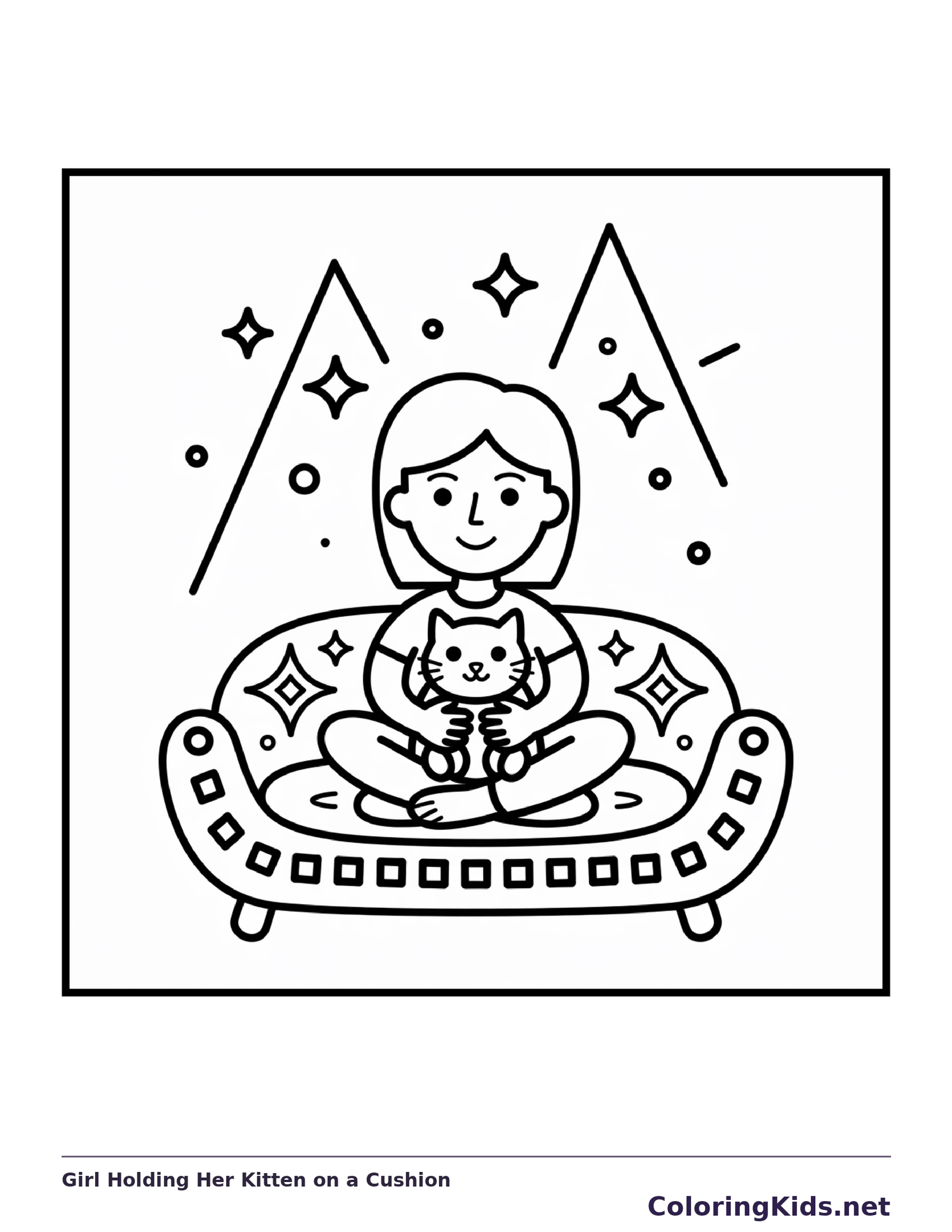 Black and white printable girl holding her kitten on a cushion coloring sheet