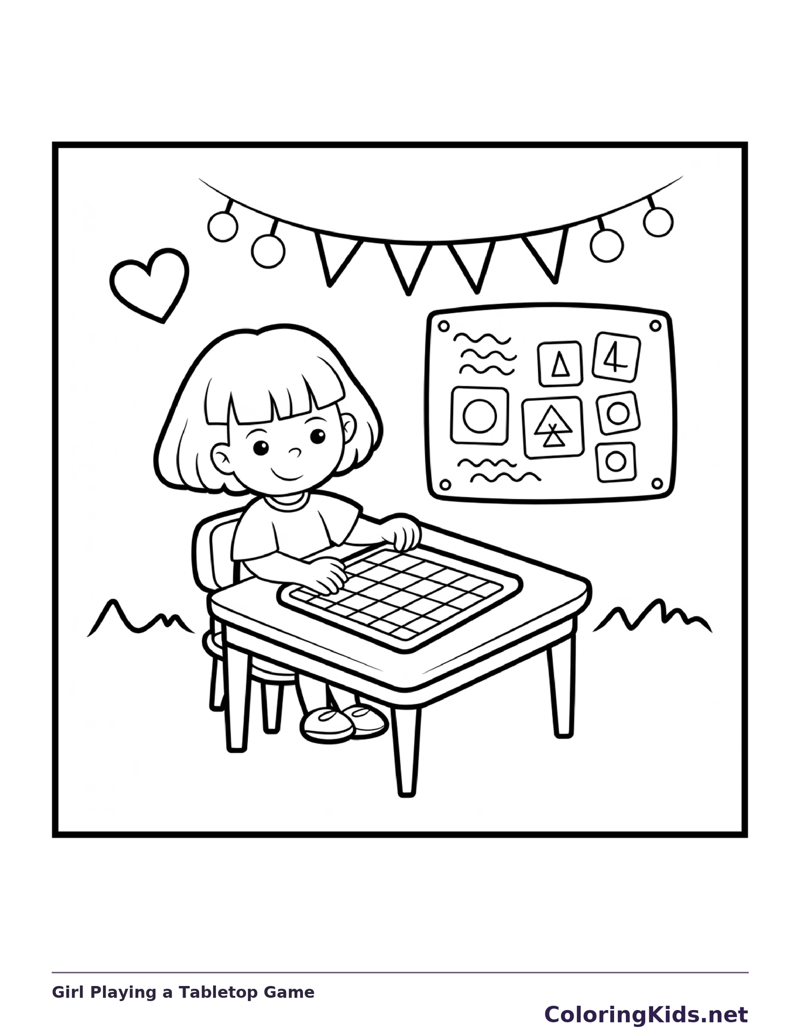 Black and white printable girl playing a tabletop game coloring sheet