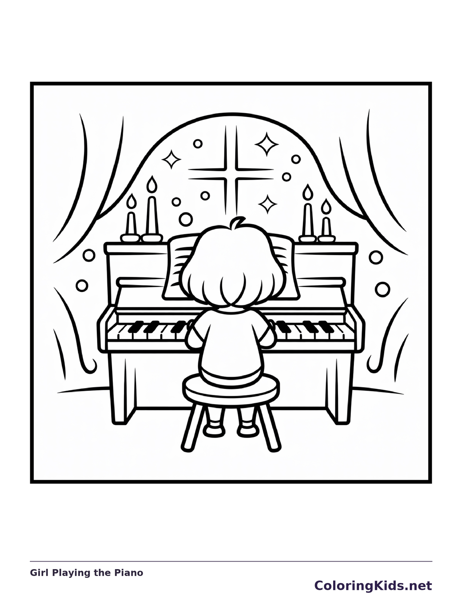 Black and white printable girl playing the piano coloring sheet