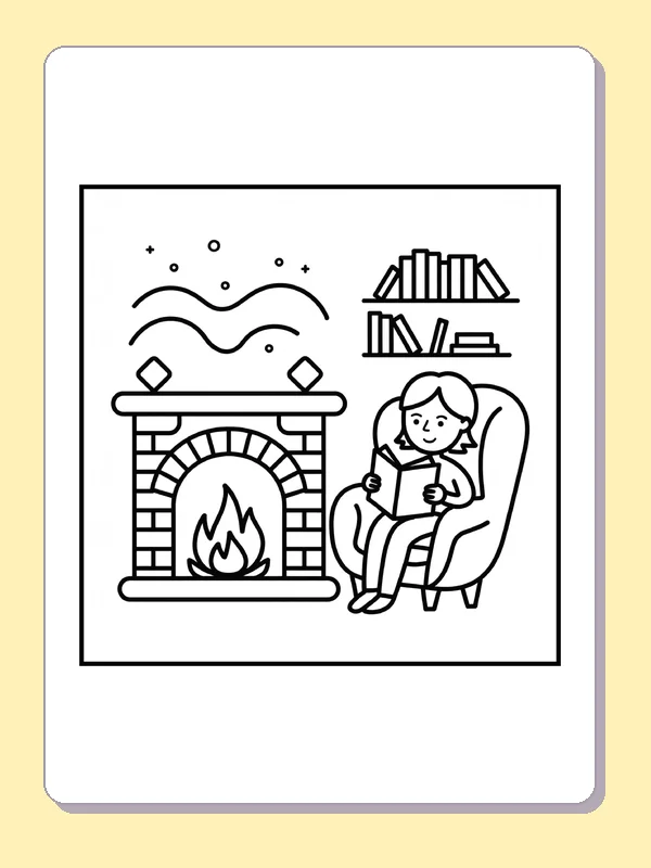 Black and white printable girl reading by the fireplace coloring sheet