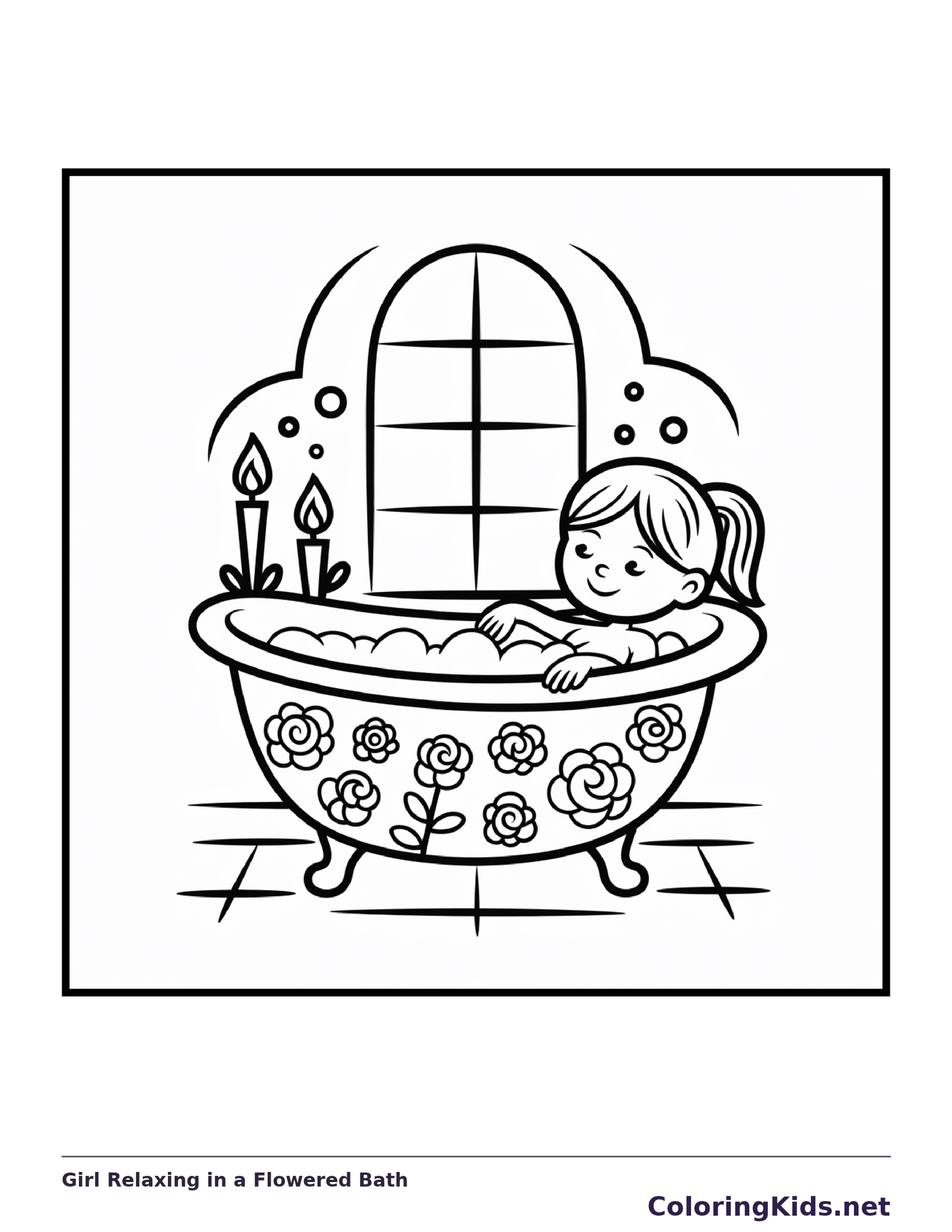 Black and white printable girl relaxing in a flowered bath coloring sheet
