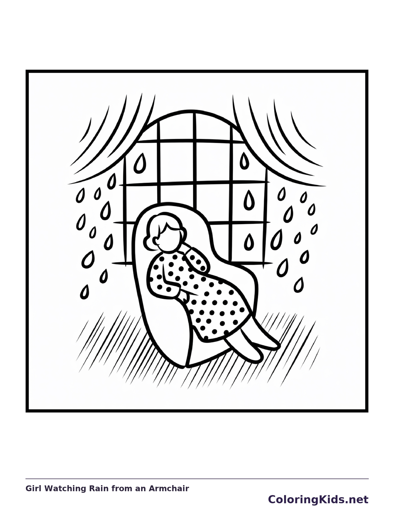 Black and white printable girl watching rain from an armchair coloring sheet
