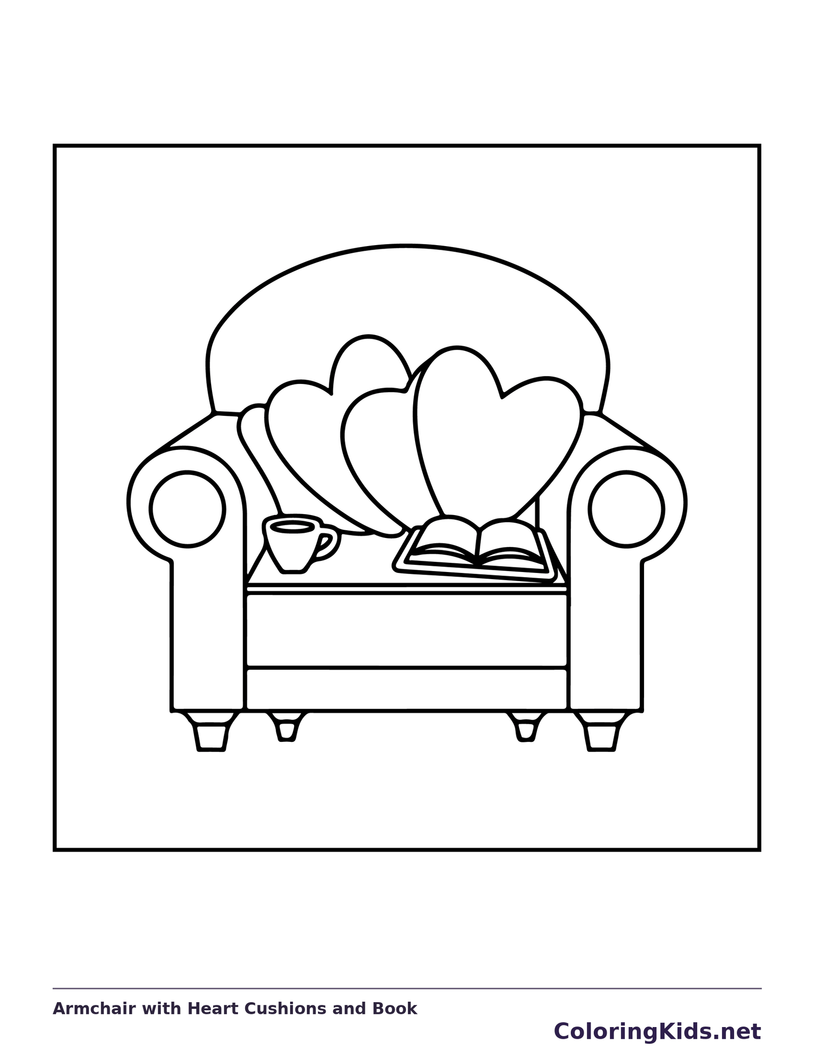 Rounded armchair holding heart-shaped cushions and an open book