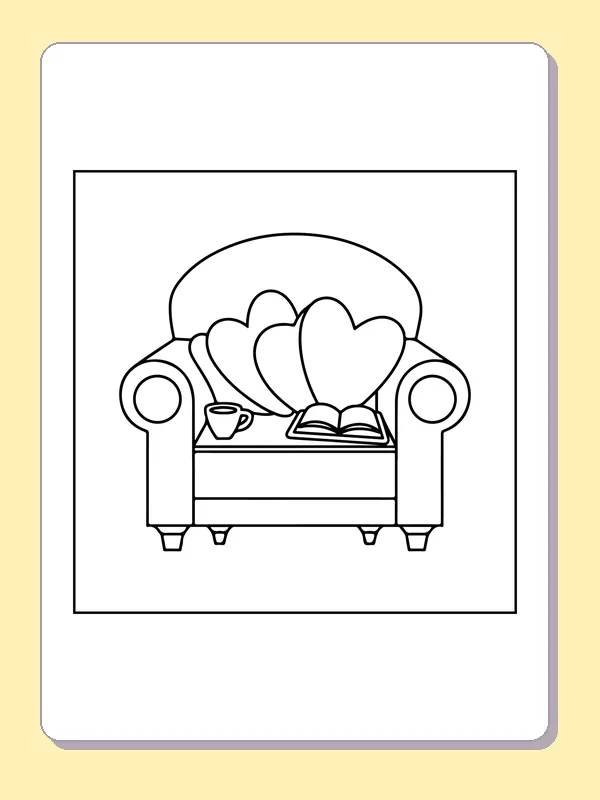 Rounded armchair holding heart-shaped cushions and an open book