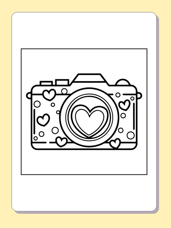 Camera with concentric lens rings, central heart and heart motifs