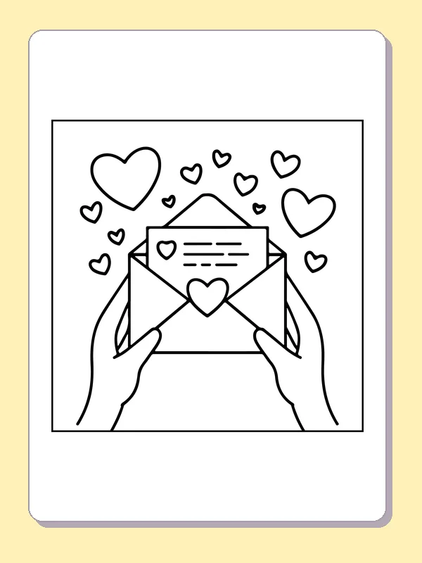 Hands holding an open envelope with a heart note and floating hearts