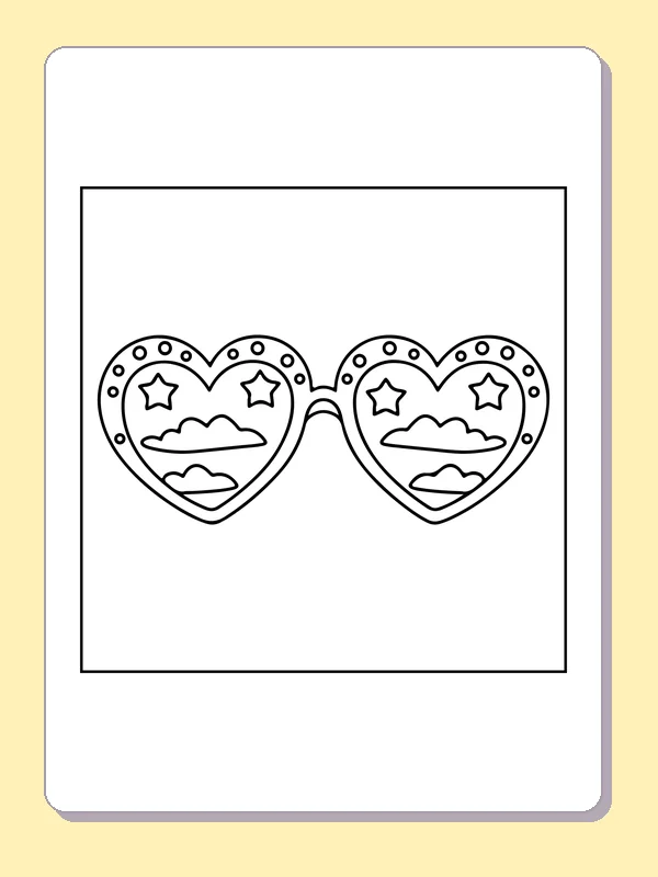 Heart-shaped sunglasses with stars, clouds and dotted frame borders