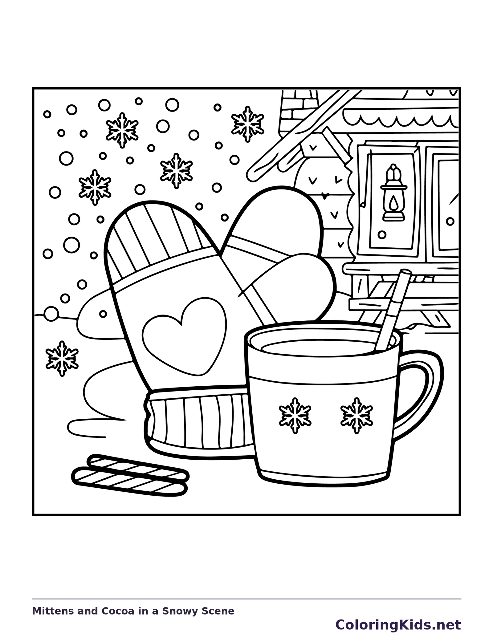 Heart mittens and cocoa mug beside a house window amid falling snow