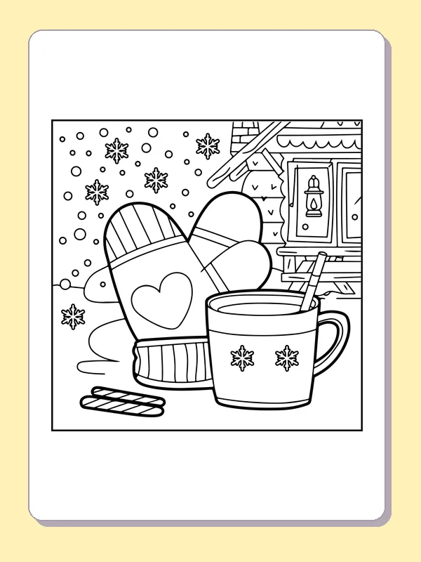 Heart mittens and cocoa mug beside a house window amid falling snow