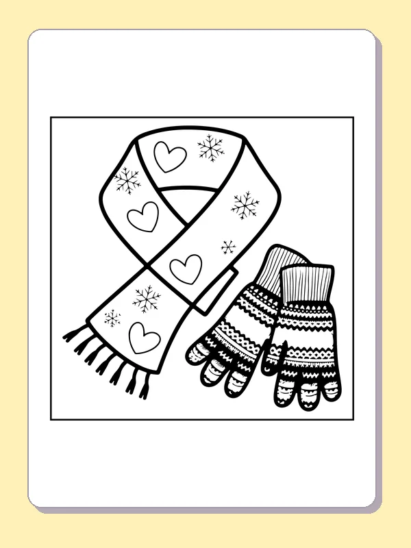 Scarf with hearts and snowflakes beside a pair of striped gloves