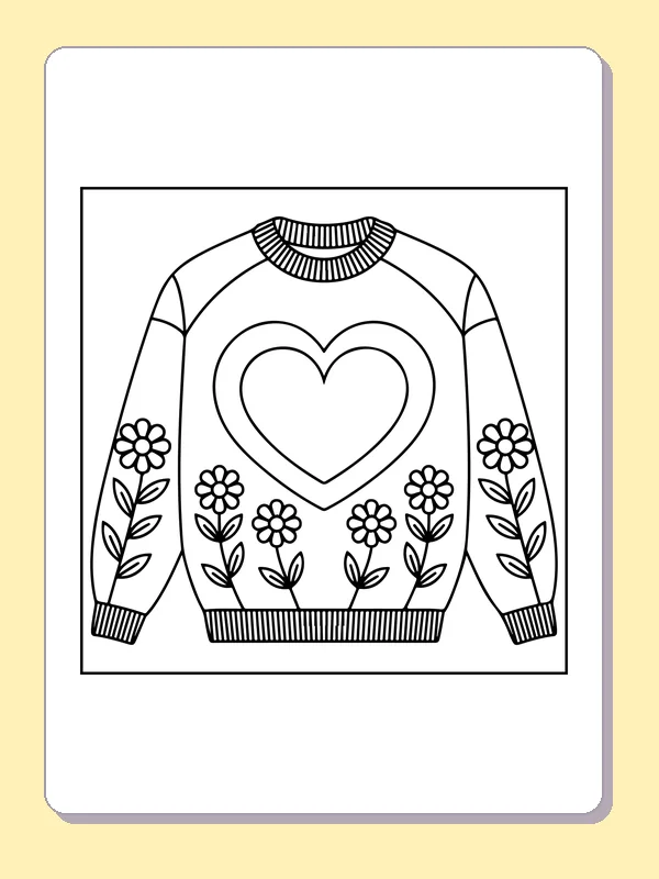 Sweater with central heart, flower rows and ribbed collar and cuffs