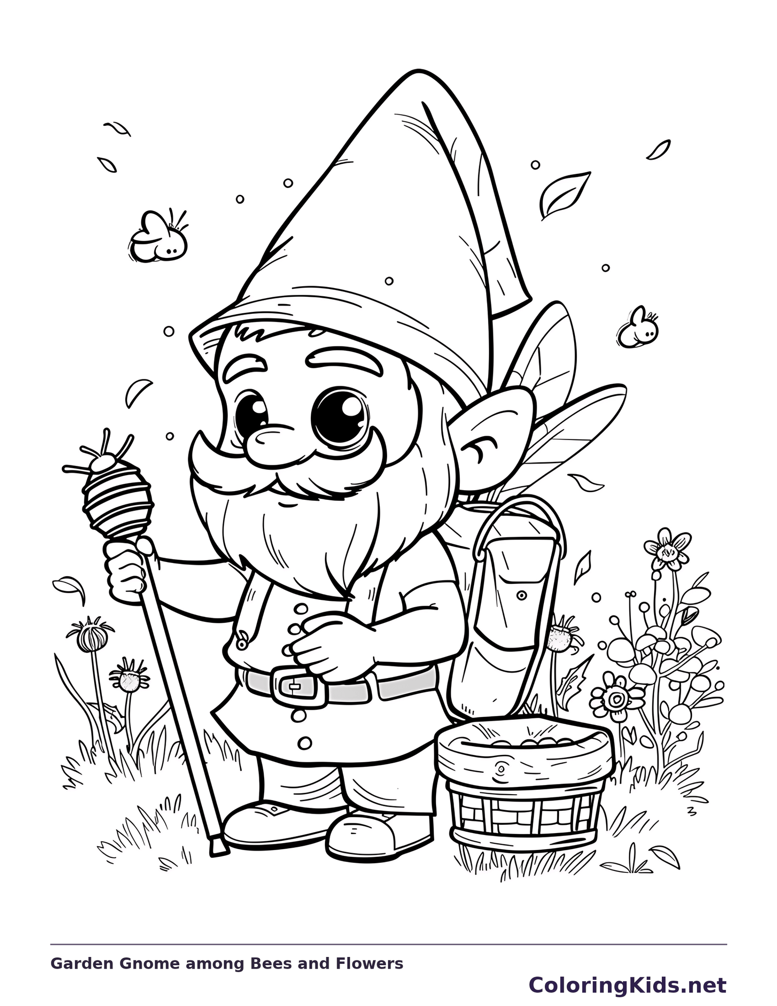 Garden gnome among bees, flowers and basket