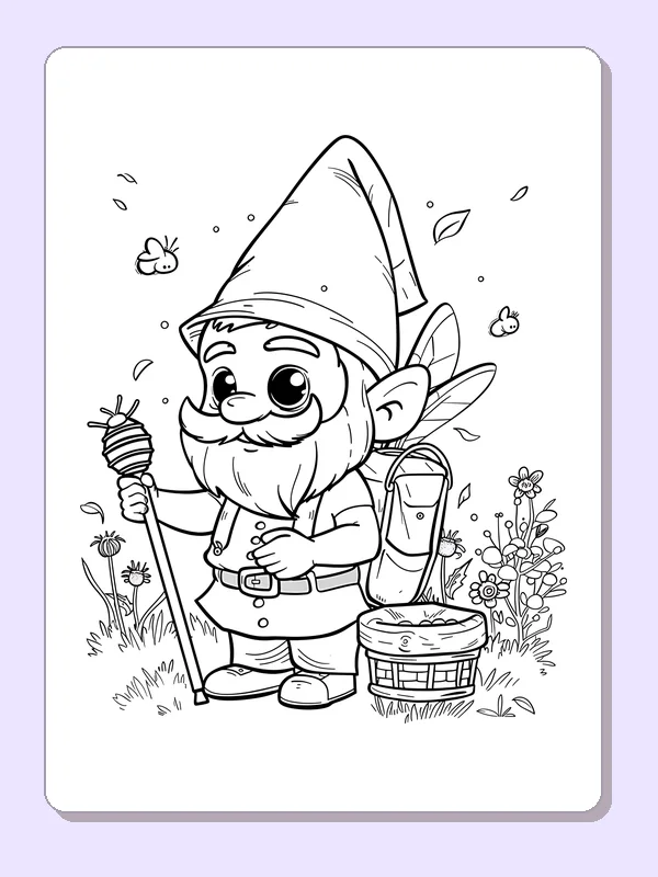 Garden gnome among bees, flowers and basket