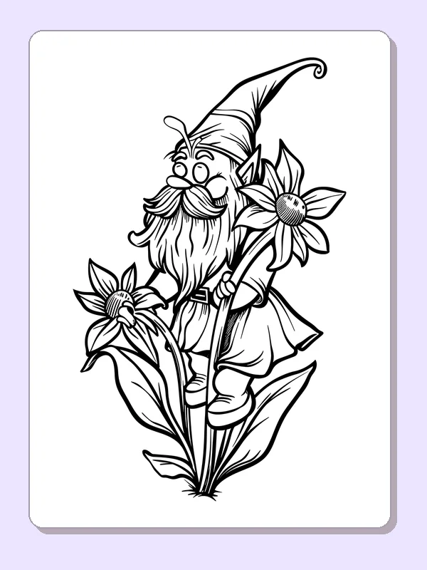 Gnome beside a large flower and leafy stem