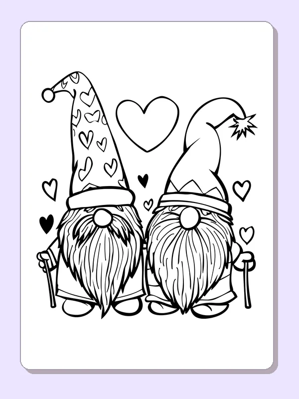 Gnome pair beneath large heart with heart-topped wands