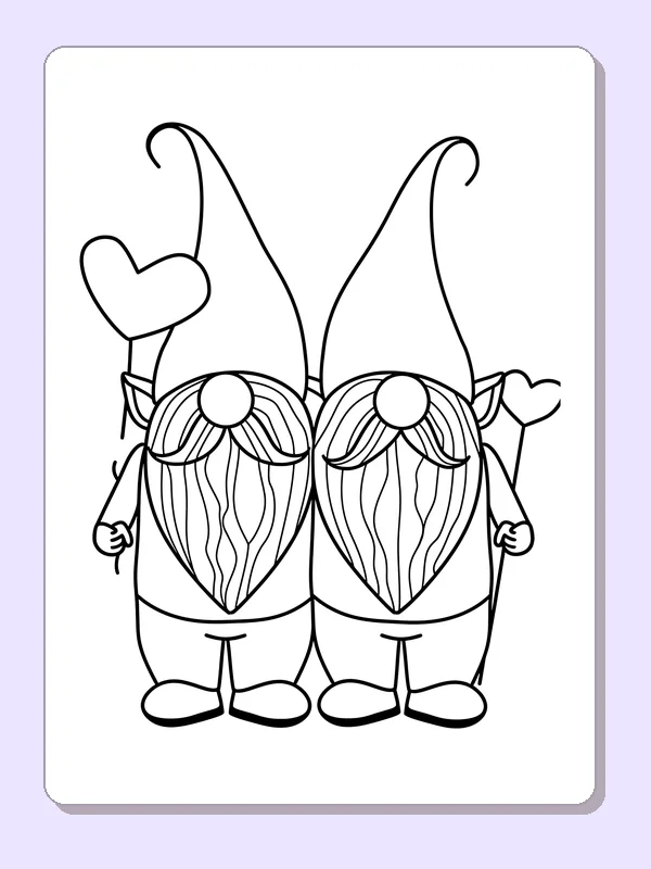 Two long-bearded gnomes in curved hats beside hearts