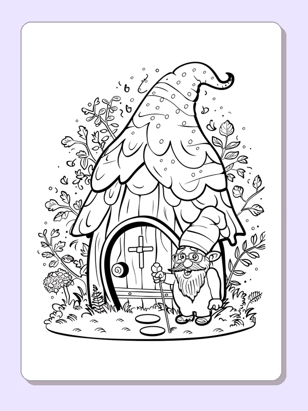 Bespectacled gnome with staff beside a spotted mushroom house in a leafy garden.