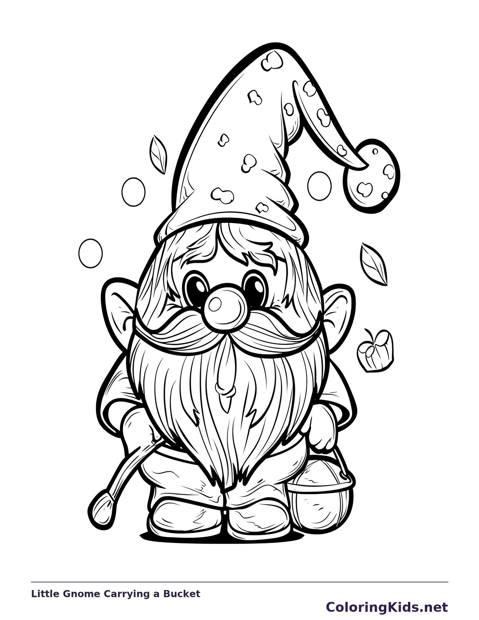 Little gnome carrying a bucket below patterned hat
