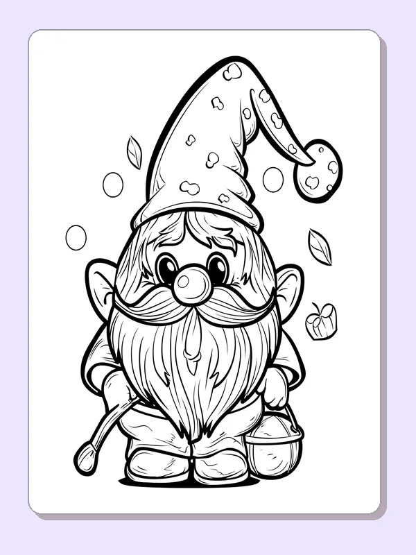Little gnome carrying a bucket below patterned hat