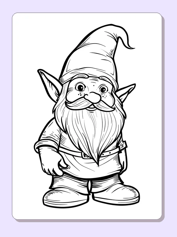Smiling gnome with tall bent hat and large shoes