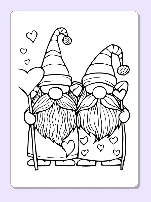 Striped-hat gnome pair carrying heart wands