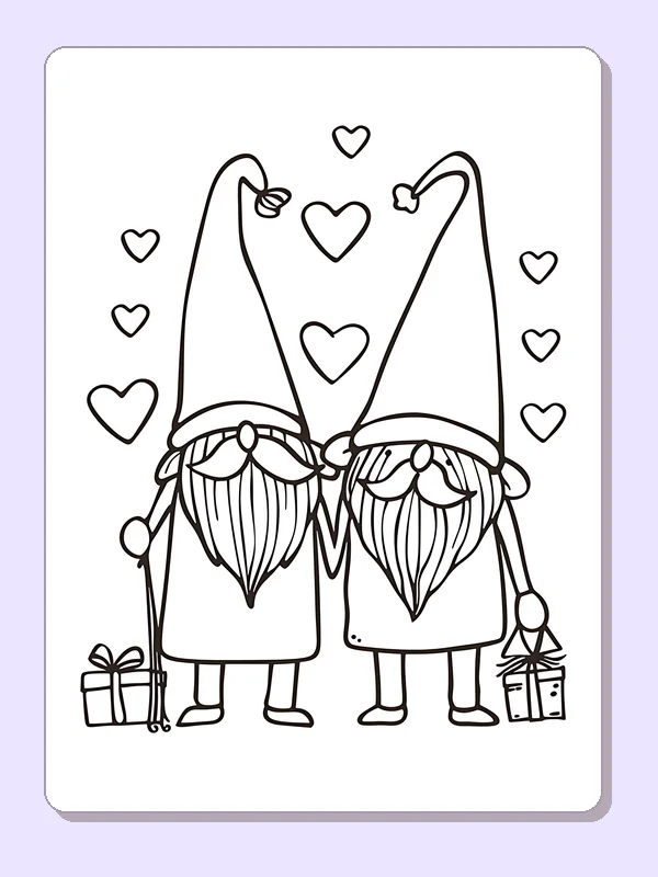 Two tall-hatted gnomes standing beneath floating hearts