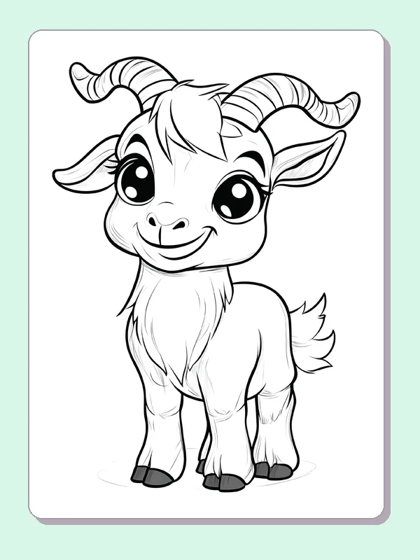 Baby Goat with Wide Eyes coloring page: black and white line art to print or color online
