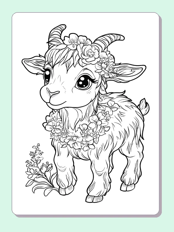 Flower-Crowned Baby Goat coloring page: black and white line art to print or color online