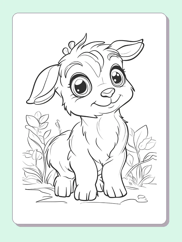 Fluffy Goat Kid in a Garden coloring page: black and white line art to print or color online