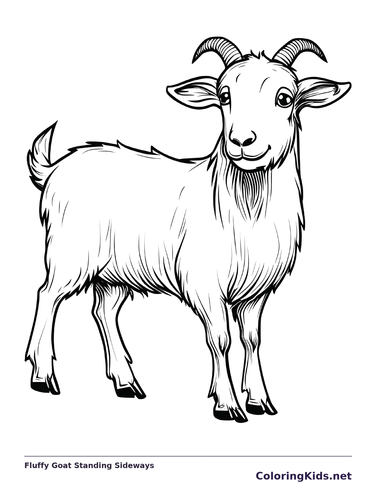 Fluffy Goat Standing Sideways coloring page: black and white line art to print or color online