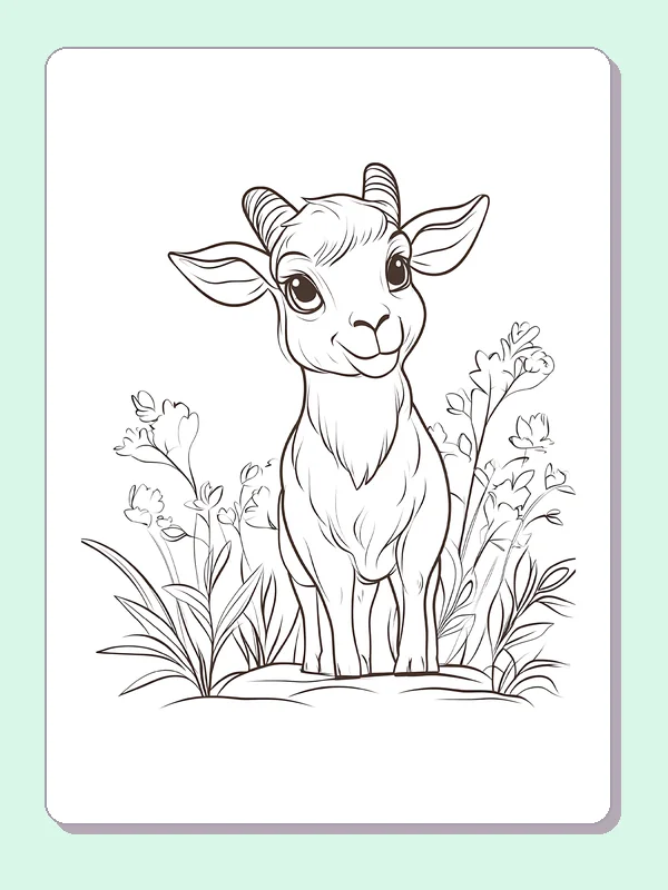 Goat Kid Sitting among Flowers coloring page: black and white line art to print or color online