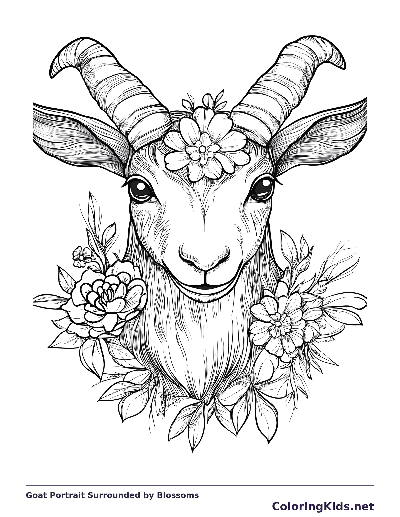 Goat Portrait Surrounded by Blossoms coloring page: black and white line art to print or color online