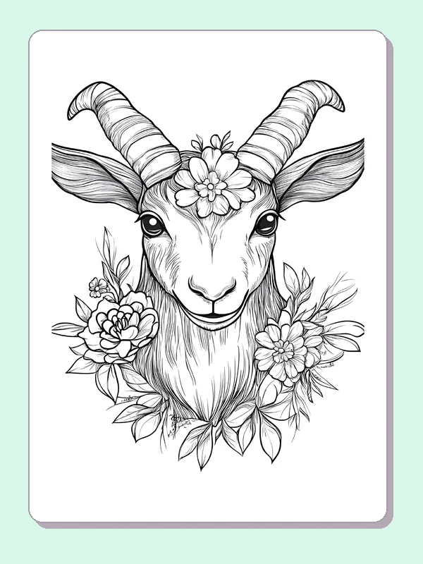 Goat Portrait Surrounded by Blossoms coloring page: black and white line art to print or color online