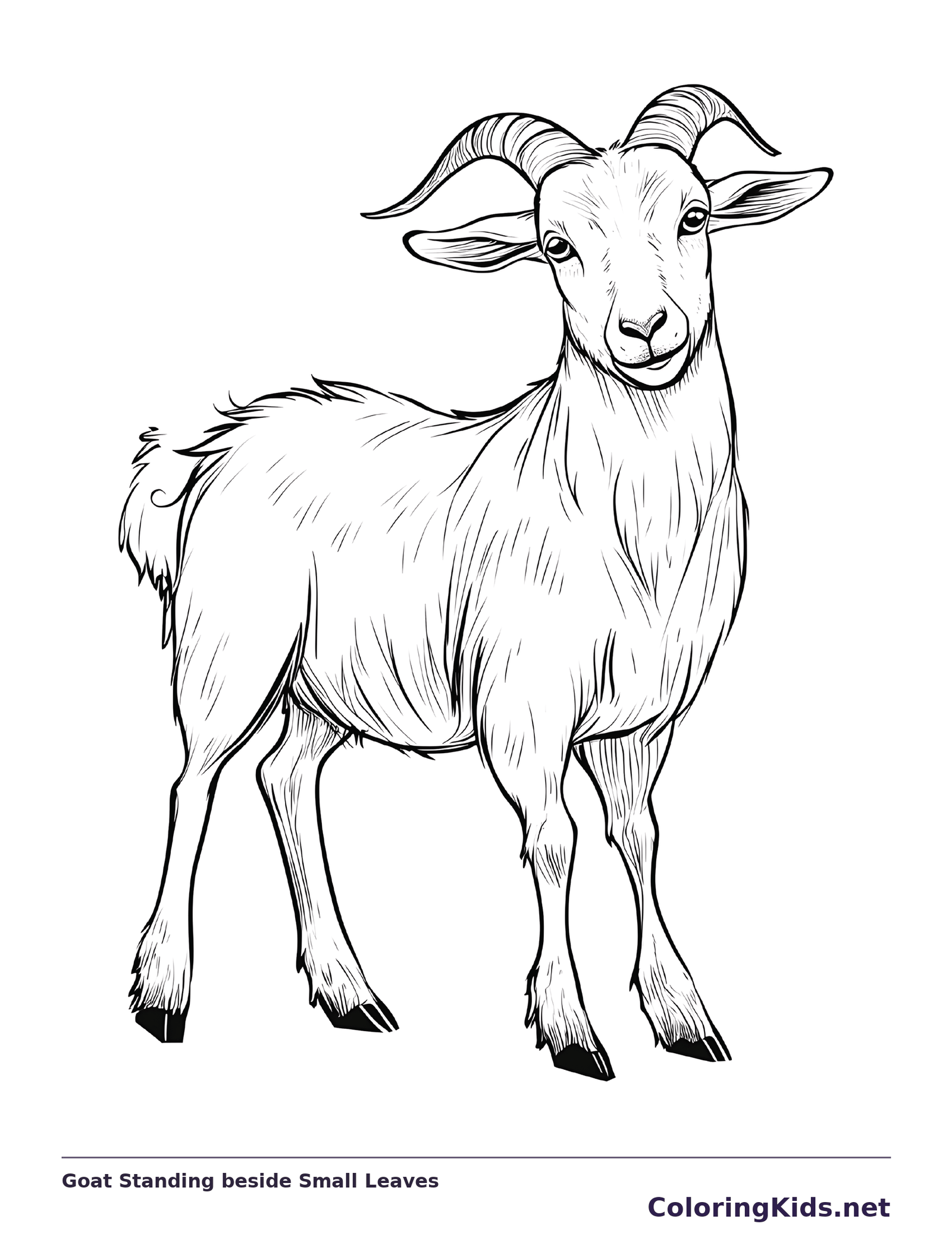 Goat Standing beside Small Leaves coloring page: black and white line art to print or color online