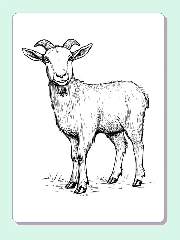 Goat Standing on Four Hooves coloring page: black and white line art to print or color online