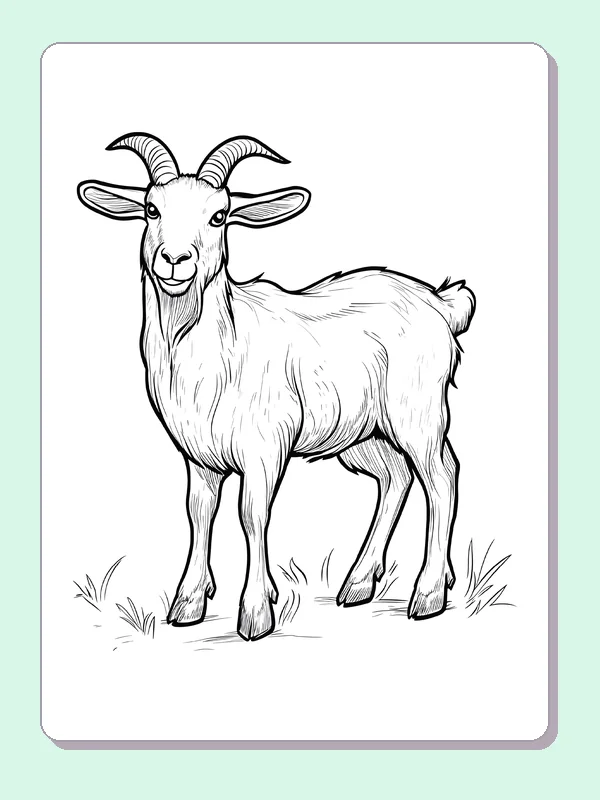 Goat with Long Ears on a Field coloring page: black and white line art to print or color online