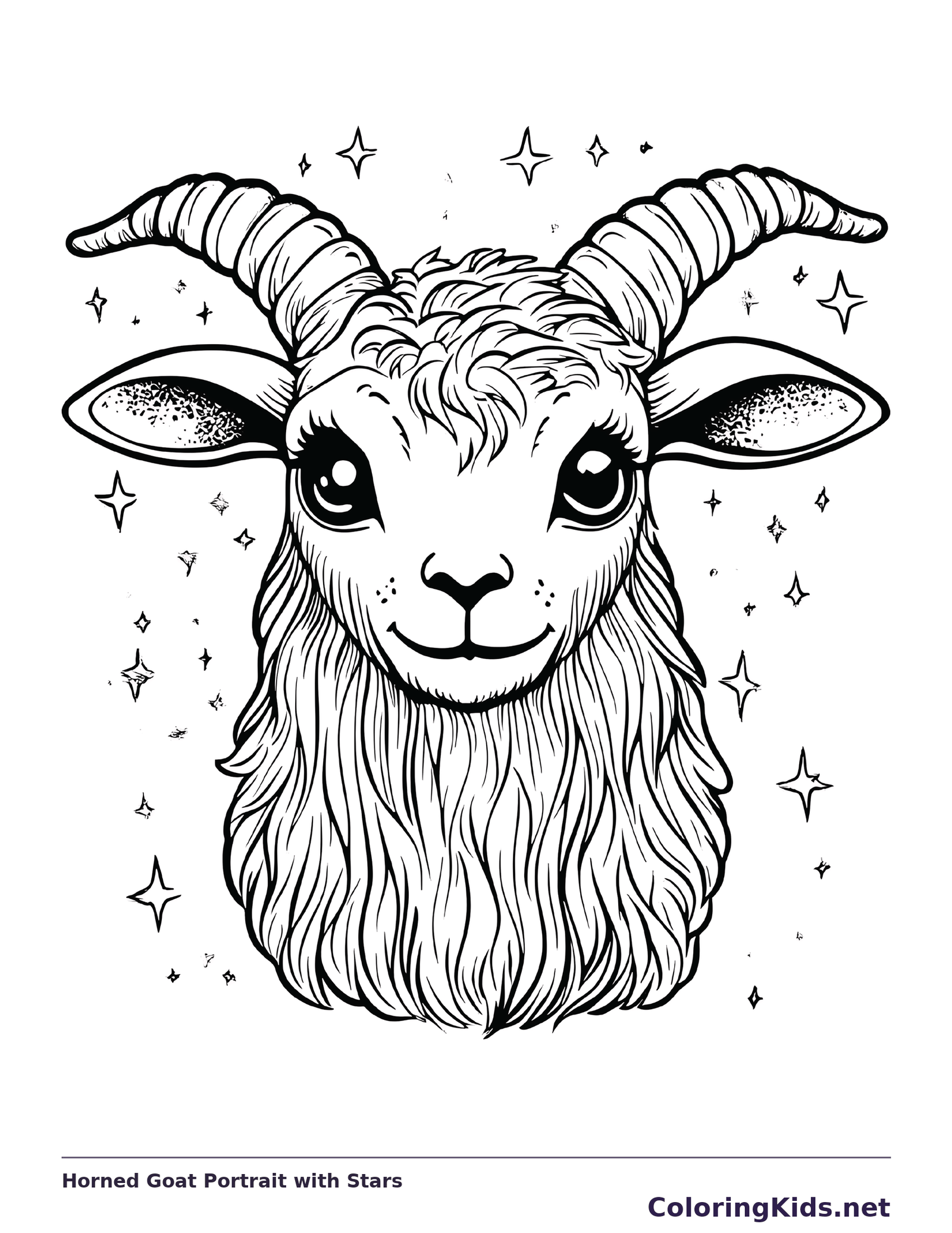 Horned Goat Portrait with Stars coloring page: black and white line art to print or color online