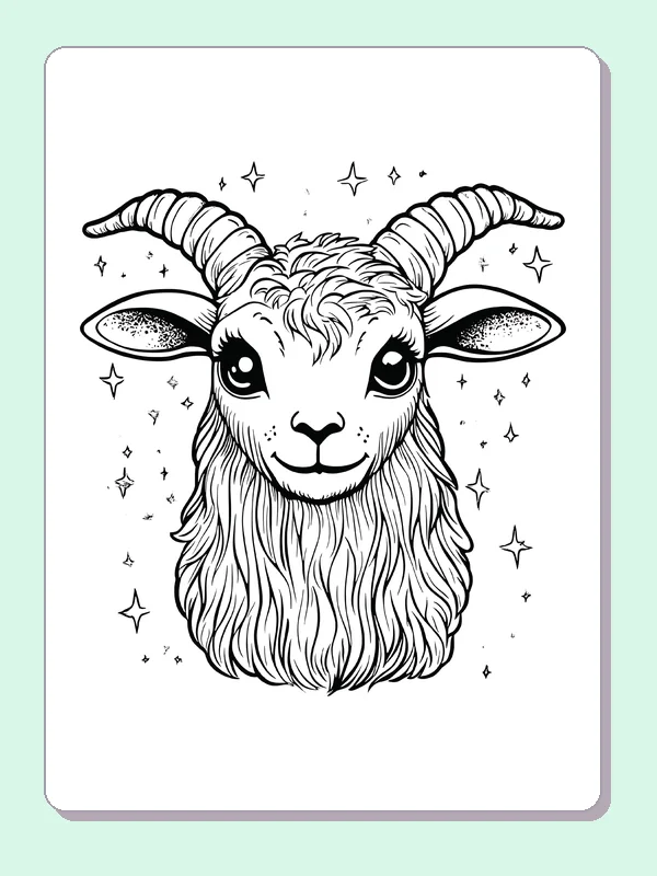 Horned Goat Portrait with Stars coloring page: black and white line art to print or color online