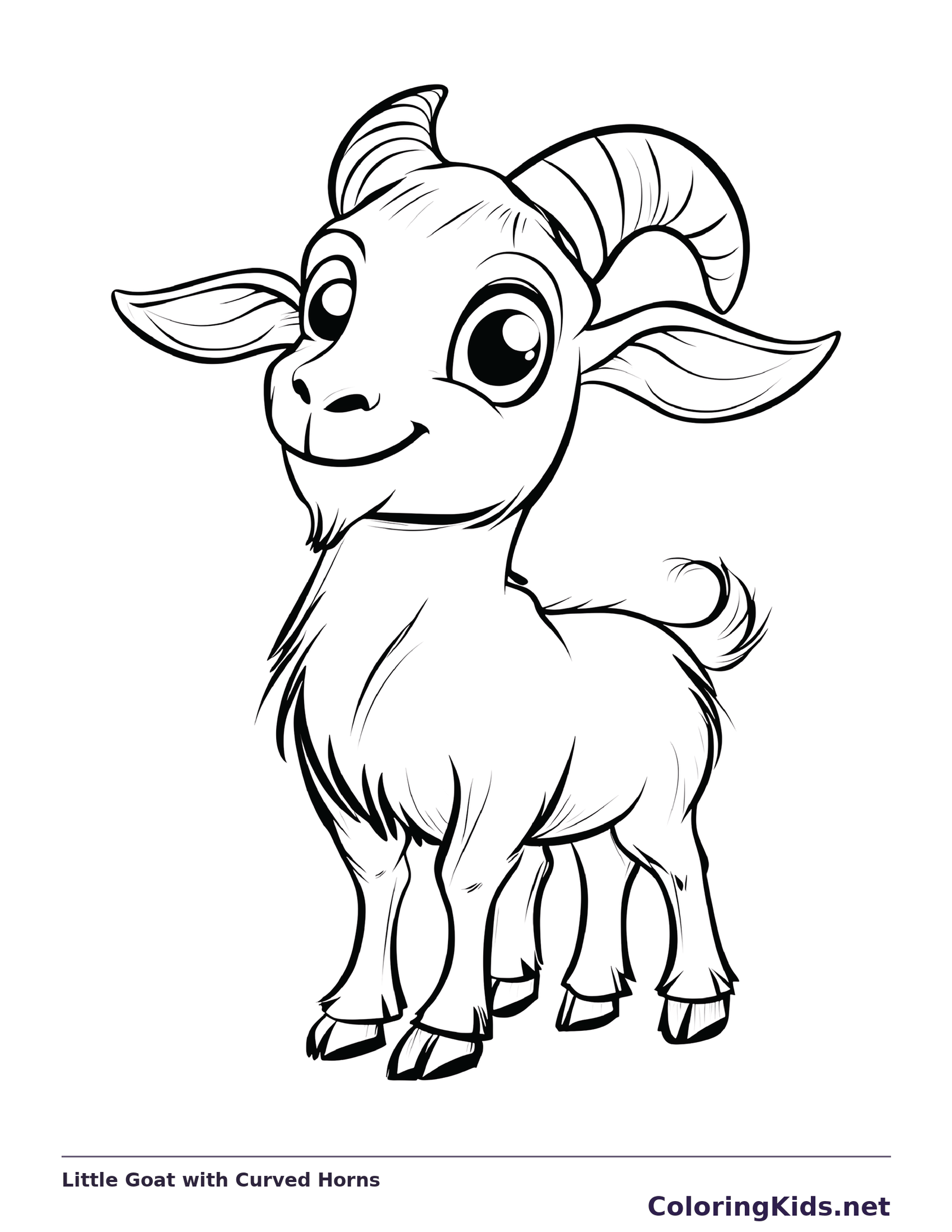 Little Goat with Curved Horns coloring page: black and white line art to print or color online