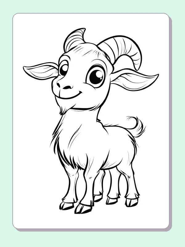 Little Goat with Curved Horns coloring page: black and white line art to print or color online
