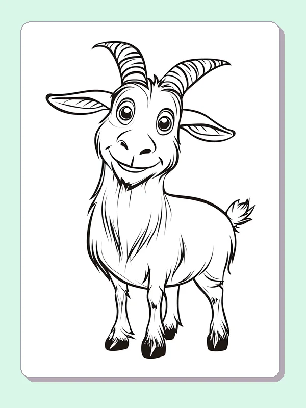 Smiling Horned Goat Standing Tall coloring page: black and white line art to print or color online