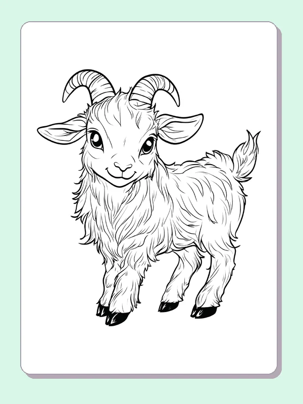 Young Goat with Curved Horns coloring page: black and white line art to print or color online