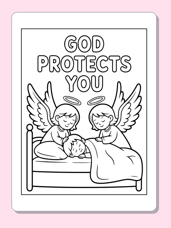 Black and white printable angels beside a sleeping child coloring sheet