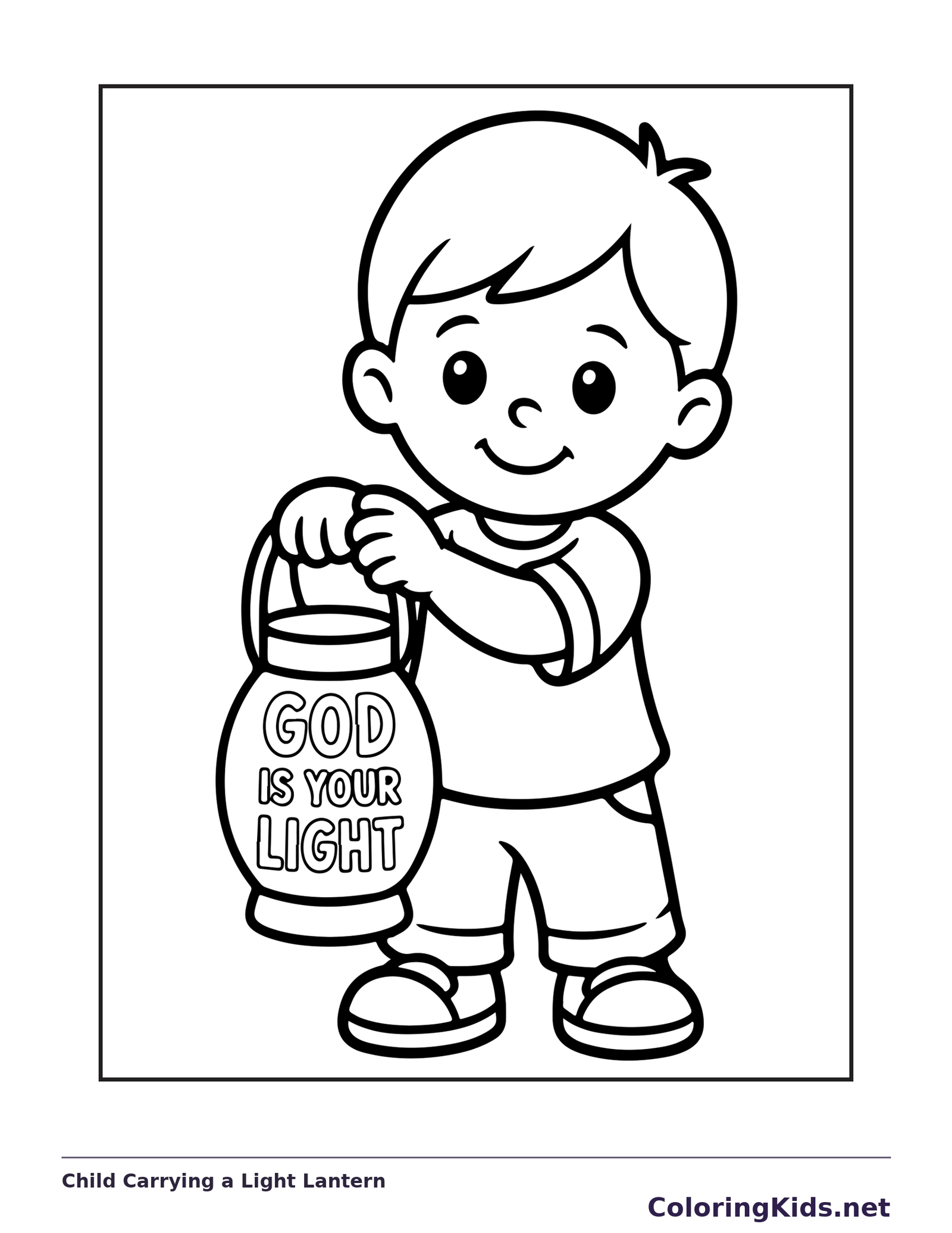 Black and white printable child carrying a light lantern coloring sheet