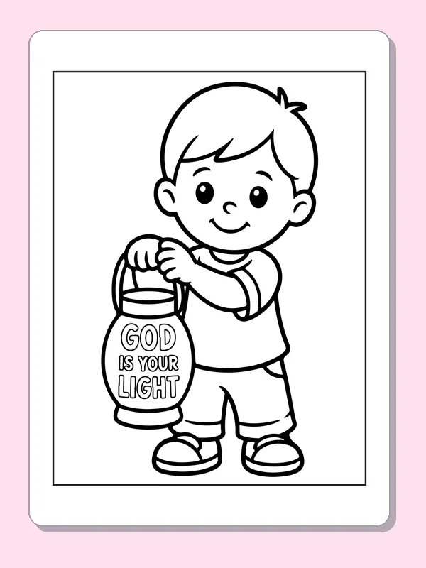 Black and white printable child carrying a light lantern coloring sheet